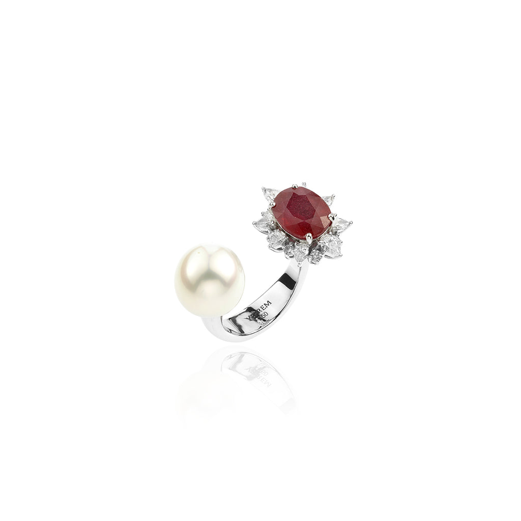 YEPREM Diamond Stackable Ring With pearl and Ruby Stone Red Stone 